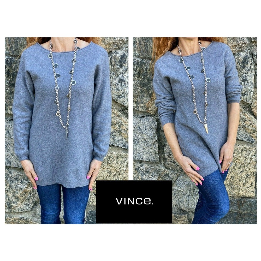 Vince Gray Wool Angora Soft Stretch Knit Rolled Boat Neck Long Tunic Sweater M🌸